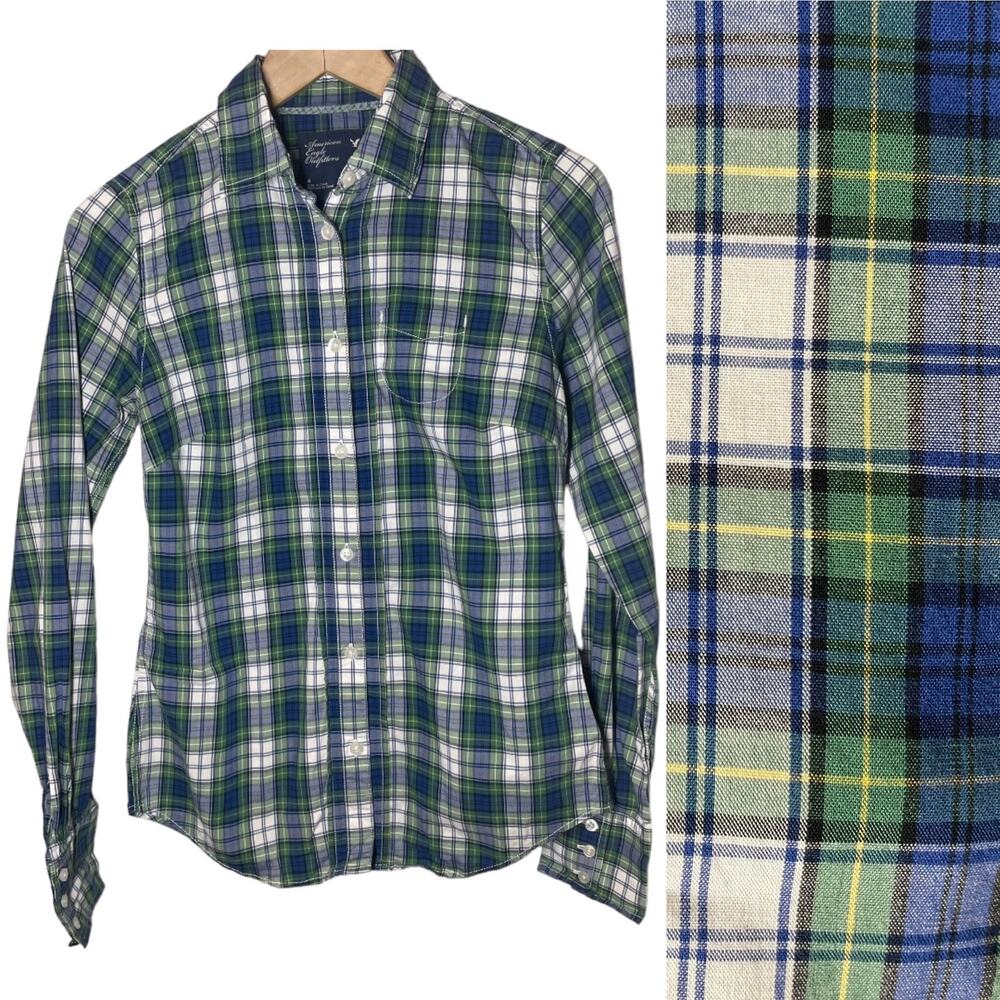 American Eagle Plaid Button Down Shirt Preppy Womens Size 4 Long Sleeve